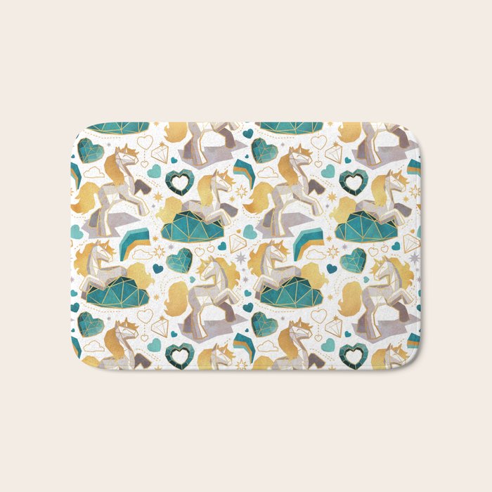 Kicking off some magic // white background white and grey unicorns aqua and mint hearts clouds and rainbows golden lines Bath Mat Gallery Image 1