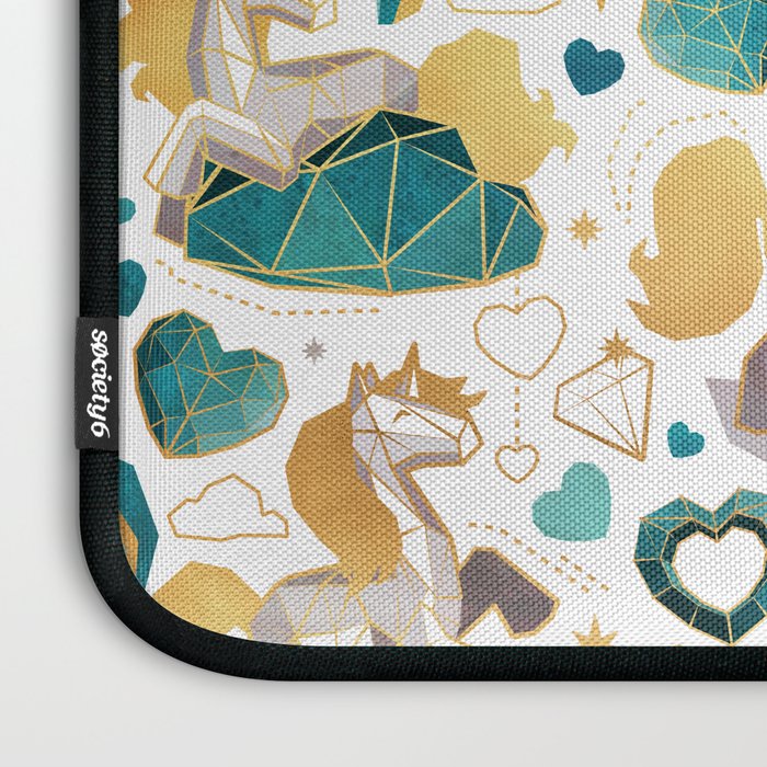 Kicking off some magic // white background white and grey unicorns aqua and mint hearts clouds and rainbows golden lines Laptop Sleeve Gallery Image 3