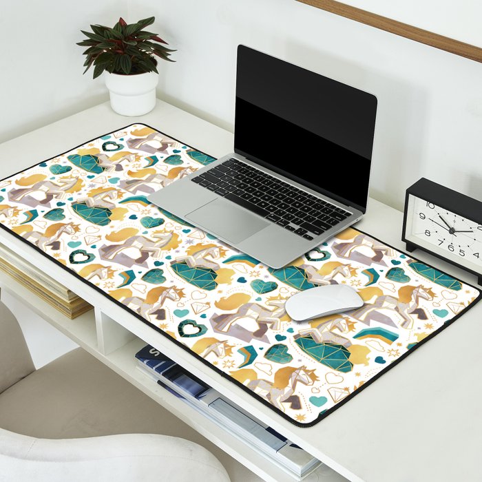 Kicking off some magic // white background white and grey unicorns aqua and mint hearts clouds and rainbows golden lines Desk Mat Gallery Image 2