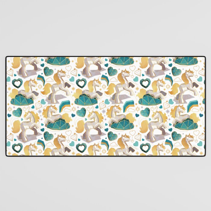 Kicking off some magic // white background white and grey unicorns aqua and mint hearts clouds and rainbows golden lines Desk Mat Gallery Image 3