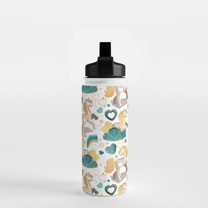 Kicking off some magic // white background white and grey unicorns aqua and mint hearts clouds and rainbows golden lines Water Bottle Gallery Image 2