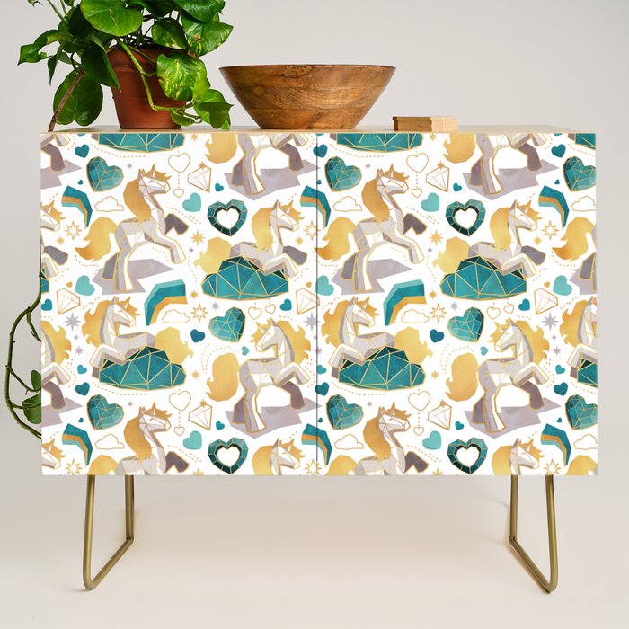 Kicking off some magic // white background white and grey unicorns aqua and mint hearts clouds and rainbows golden lines Credenza Gallery Image 1
