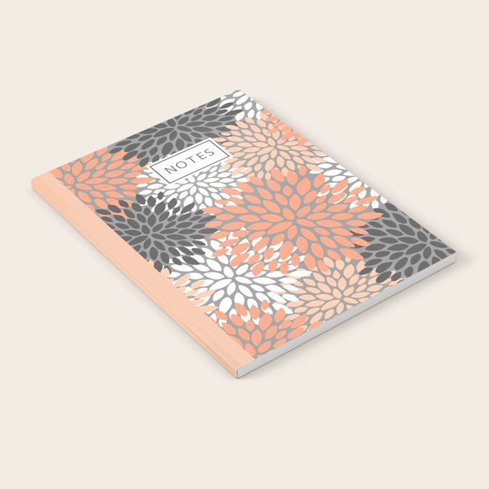 Floral Pattern, Coral, Gray, White Notebook Gallery Image 2