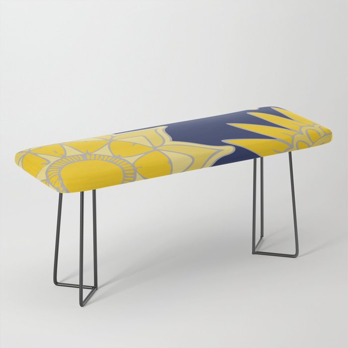 Sunshine yellow navy blue abstract floral mandala Bench Gallery Image 1