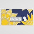 Sunshine yellow navy blue abstract floral mandala Desk Mat Gallery Image 1