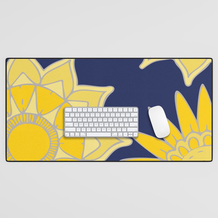 Sunshine yellow navy blue abstract floral mandala Desk Mat Gallery Image 1