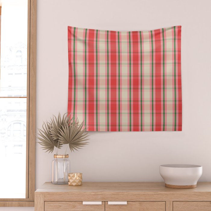 Christmas Cottage Plaid Pattern Red Pink Green Wall Tapestry Gallery Image 2
