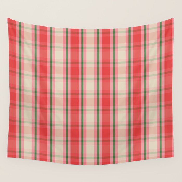 Christmas Cottage Plaid Pattern Red Pink Green Wall Tapestry Gallery Image 1