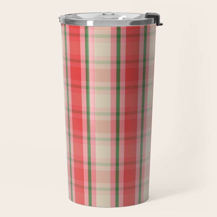 Christmas Cottage Plaid Pattern Red Pink Green Travel Mug Gallery Image 2