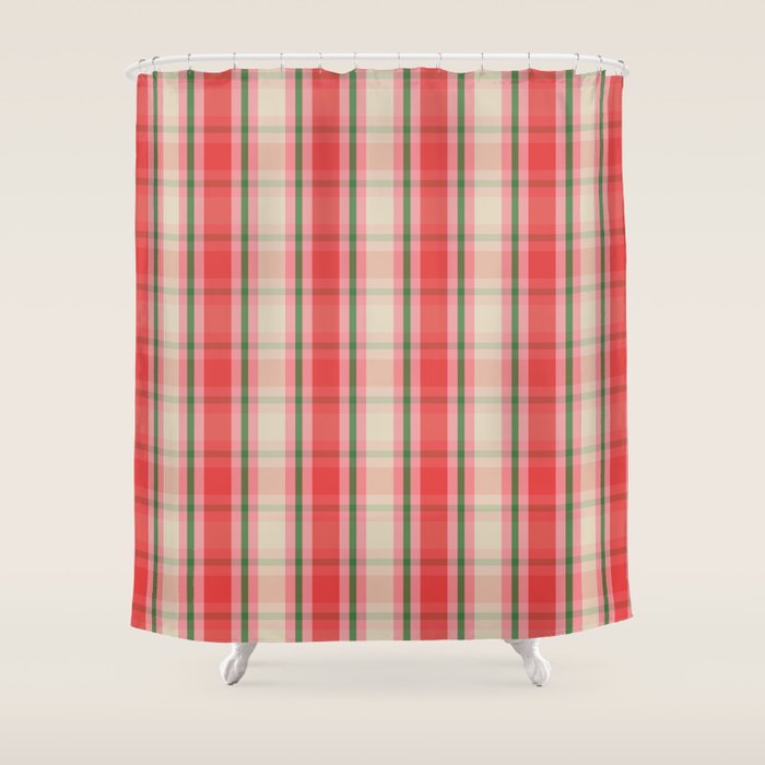 Christmas Cottage Plaid Pattern Red Pink Green Shower Curtain Gallery Image 1
