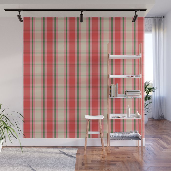 Christmas Cottage Plaid Pattern Red Pink Green Wall Mural Gallery Image 1
