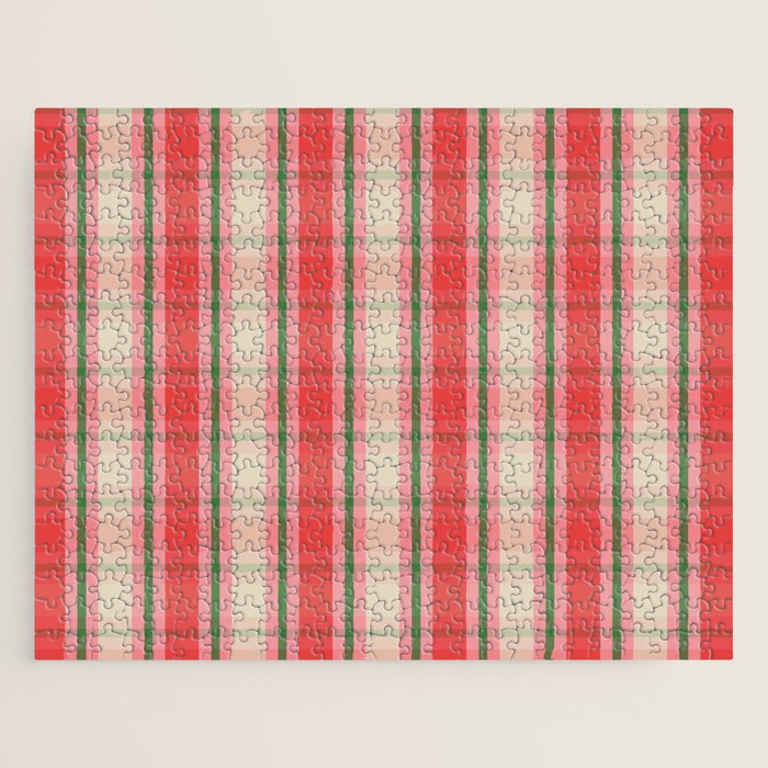 Christmas Cottage Plaid Pattern Red Pink Green Jigsaw Puzzle Gallery Image 1