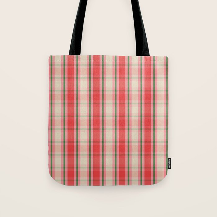Christmas Cottage Plaid Pattern Red Pink Green Tote Bag Gallery Image 1