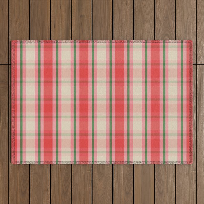 Christmas Cottage Plaid Pattern Red Pink Green Outdoor Rug Gallery Image 1