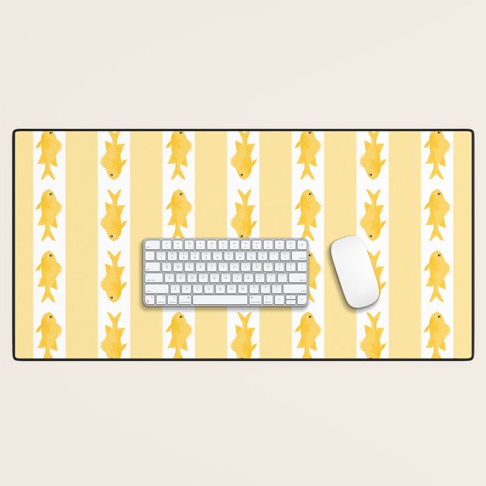 Coastal Fish Stripes Contemporary Cottage Pattern in Pastel Yellow and White Desk Mat Gallery Image 1
