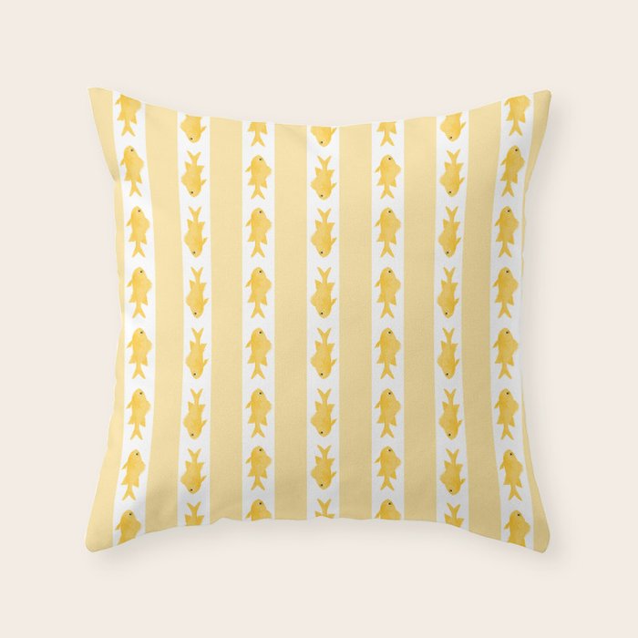 Coastal Fish Stripes Contemporary Cottage Pattern in Pastel Yellow and White Throw Pillow Gallery Image 1