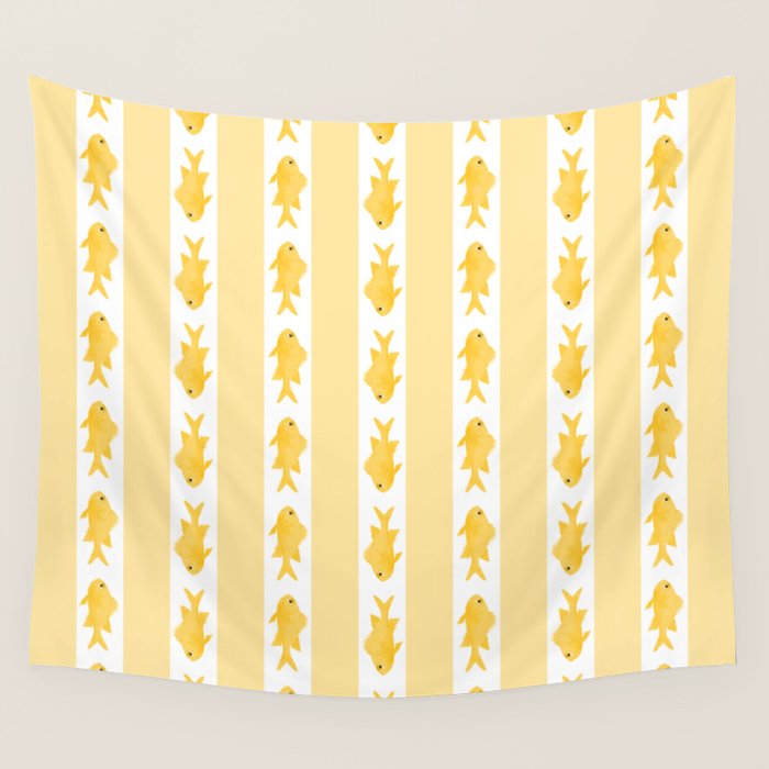 Coastal Fish Stripes Contemporary Cottage Pattern in Pastel Yellow and White Wall Tapestry Gallery Image 1