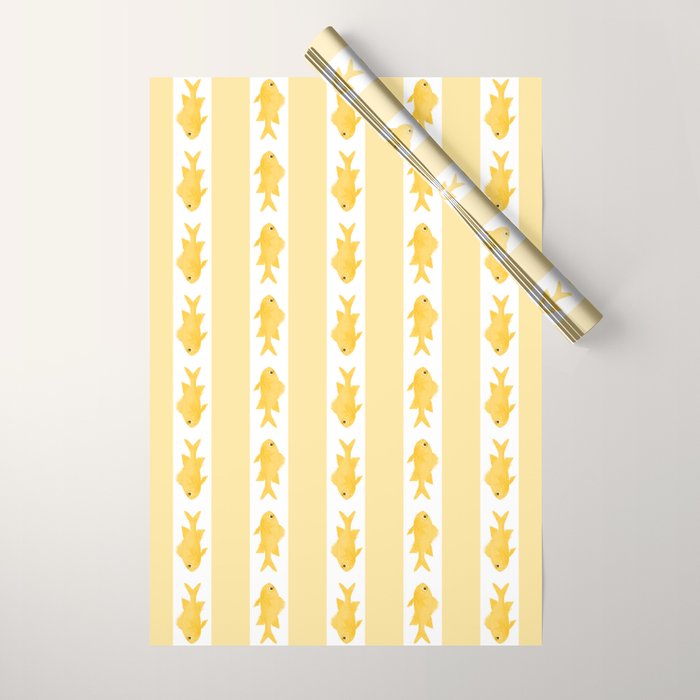 Coastal Fish Stripes Contemporary Cottage Pattern in Pastel Yellow and White Wrapping Paper Gallery Image 1