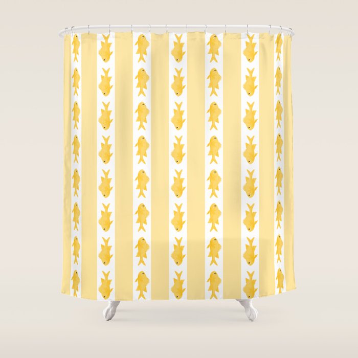 Coastal Fish Stripes Contemporary Cottage Pattern in Pastel Yellow and White Shower Curtain Gallery Image 1