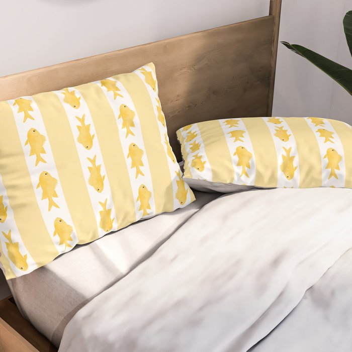 Coastal Fish Stripes Contemporary Cottage Pattern in Pastel Yellow and White Pillow Sham Gallery Image 2