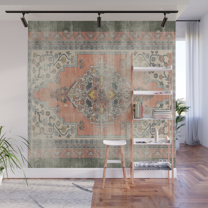 turkish floral - orange & olive green Wall Mural Gallery Image 1