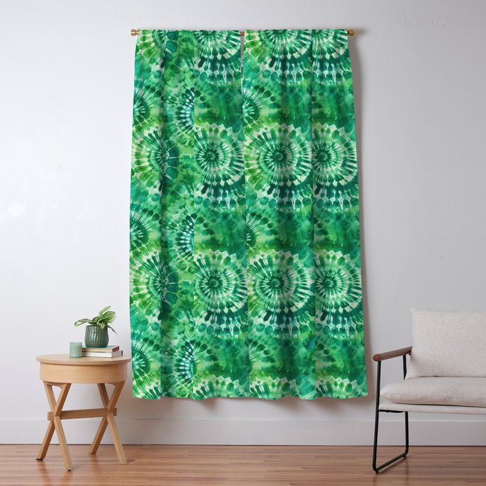 Jumbo Tie Dye Batik in Bright Green Circling Swirls on Teal Window Curtain Gallery Image 1