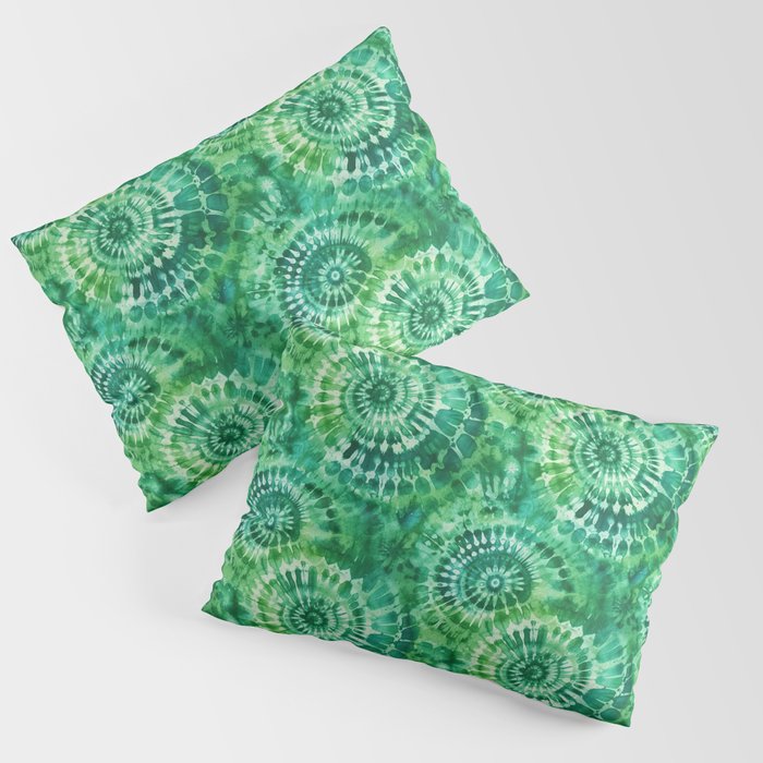Jumbo Tie Dye Batik in Bright Green Circling Swirls on Teal Pillow Sham Gallery Image 1