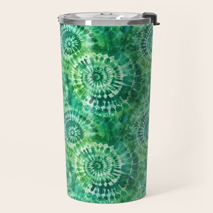 Jumbo Tie Dye Batik in Bright Green Circling Swirls on Teal Travel Mug Gallery Image 2