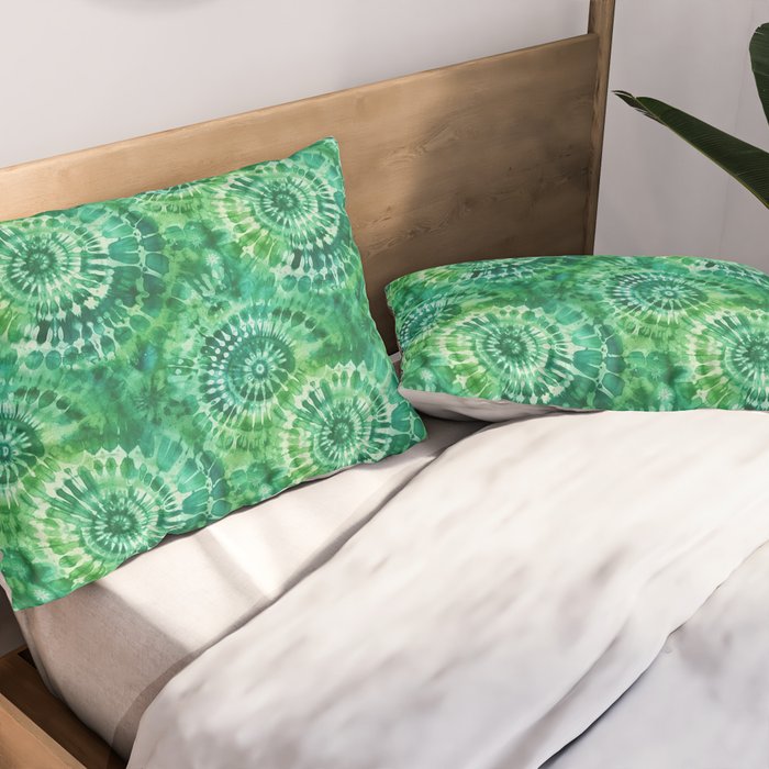 Jumbo Tie Dye Batik in Bright Green Circling Swirls on Teal Pillow Sham Gallery Image 2