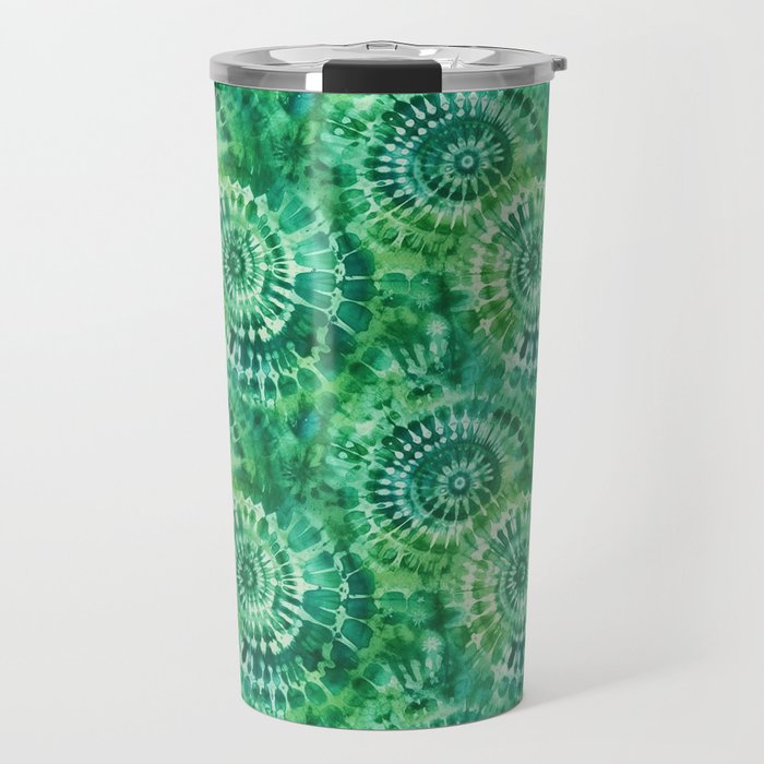 Jumbo Tie Dye Batik in Bright Green Circling Swirls on Teal Travel Mug Gallery Image 1