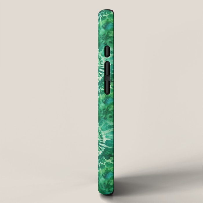 Jumbo Tie Dye Batik in Bright Green Circling Swirls on Teal iPhone Case Gallery Image 2