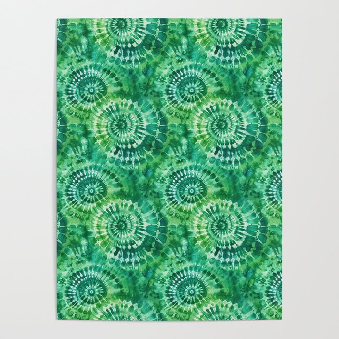 Jumbo Tie Dye Batik in Bright Green Circling Swirls on Teal Poster Gallery Image 1