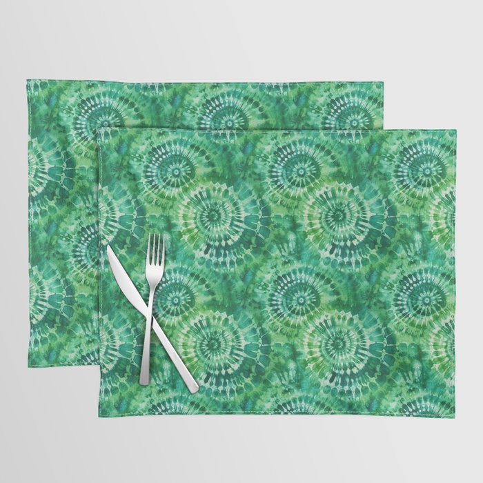 Jumbo Tie Dye Batik in Bright Green Circling Swirls on Teal Placemat Gallery Image 1