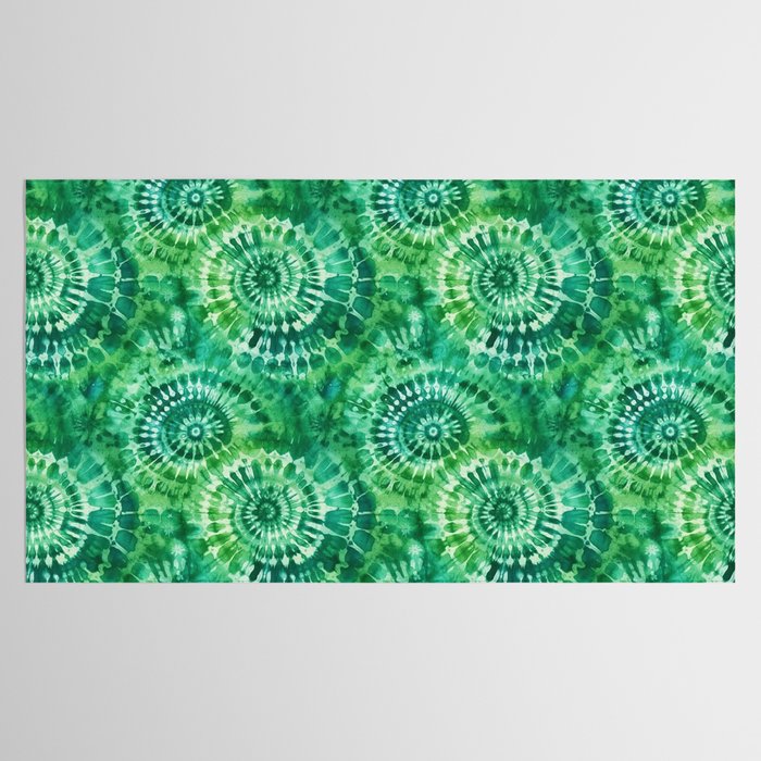 Jumbo Tie Dye Batik in Bright Green Circling Swirls on Teal Tablecloth Gallery Image 2