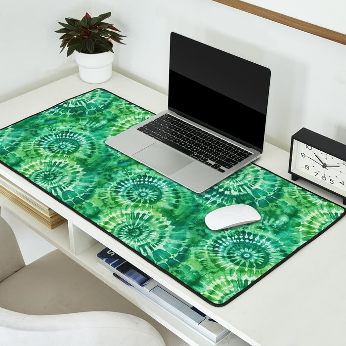 Jumbo Tie Dye Batik in Bright Green Circling Swirls on Teal Desk Mat Gallery Image 2