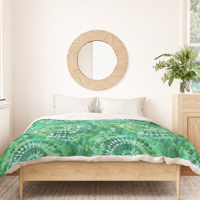 Jumbo Tie Dye Batik in Bright Green Circling Swirls on Teal Duvet Cover Gallery Image 3