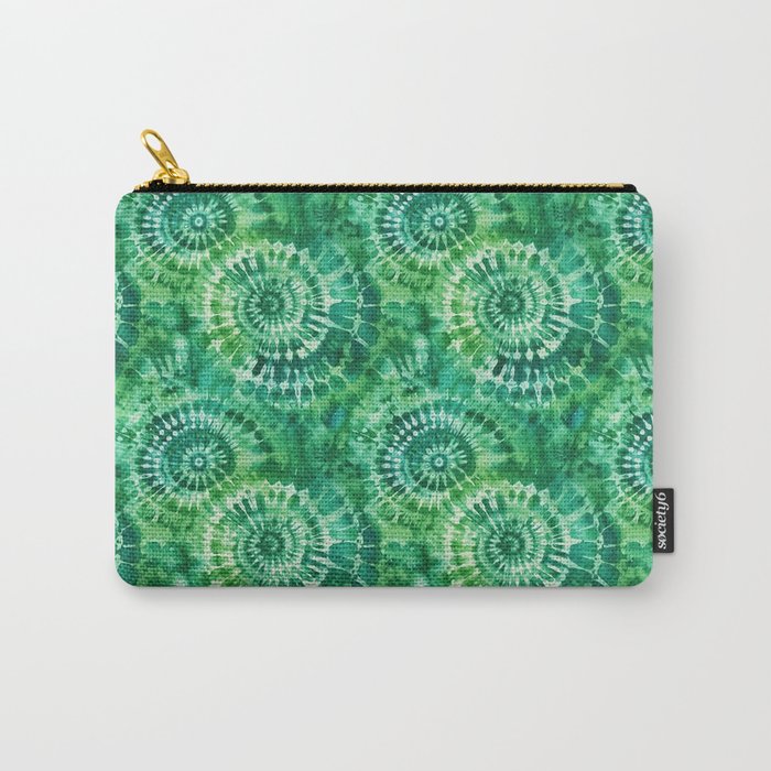 Jumbo Tie Dye Batik in Bright Green Circling Swirls on Teal Carry All Pouch Gallery Image 1