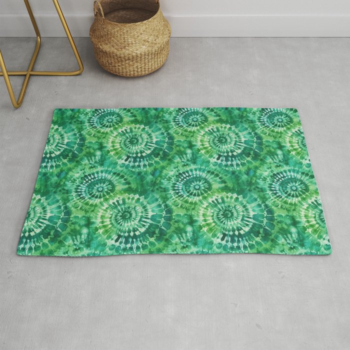 Jumbo Tie Dye Batik in Bright Green Circling Swirls on Teal Rug Gallery Image 1