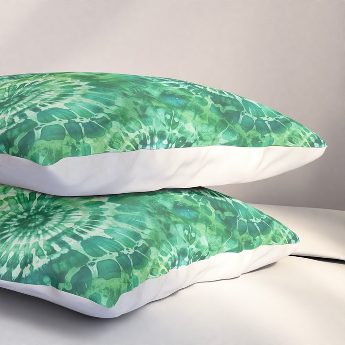 Jumbo Tie Dye Batik in Bright Green Circling Swirls on Teal Pillow Sham Gallery Image 3
