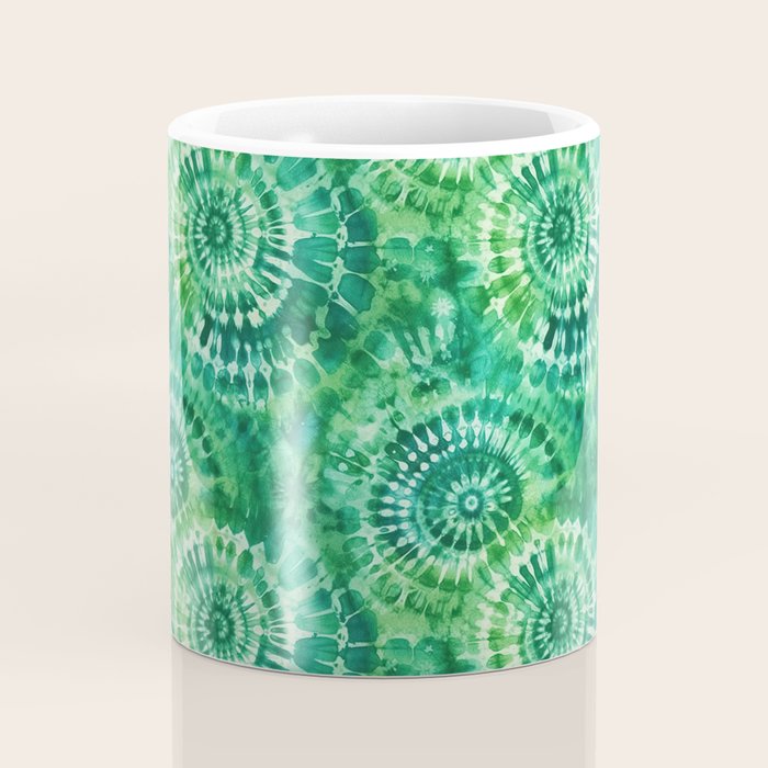 Jumbo Tie Dye Batik in Bright Green Circling Swirls on Teal Coffee Mug Gallery Image 4