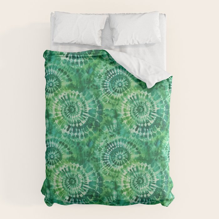 Jumbo Tie Dye Batik in Bright Green Circling Swirls on Teal Comforter Gallery Image 6