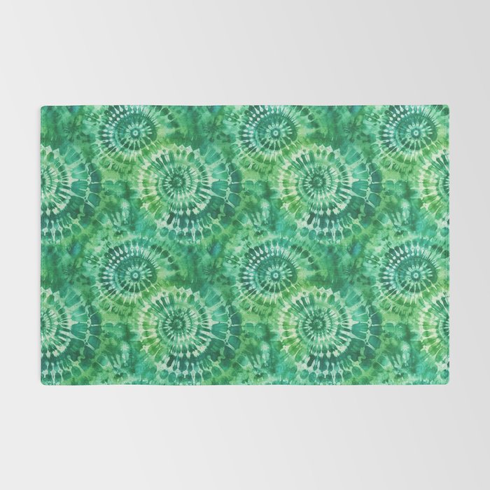 Jumbo Tie Dye Batik in Bright Green Circling Swirls on Teal Rug Gallery Image 2