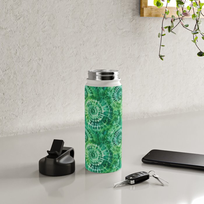 Jumbo Tie Dye Batik in Bright Green Circling Swirls on Teal Water Bottle Gallery Image 4