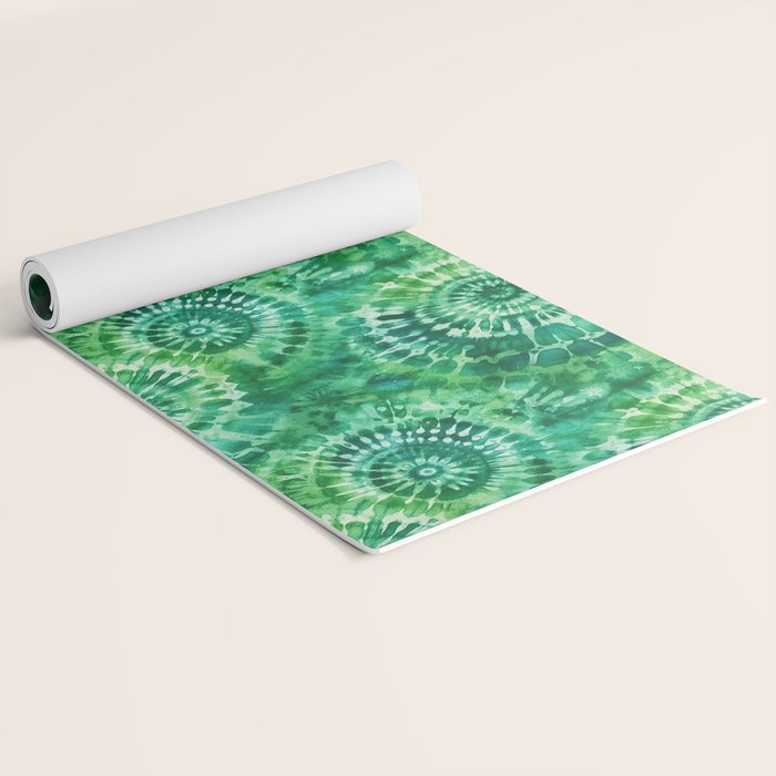 Jumbo Tie Dye Batik in Bright Green Circling Swirls on Teal Yoga Mat Gallery Image 2