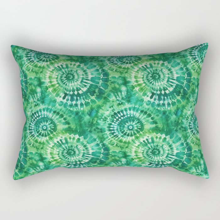Jumbo Tie Dye Batik in Bright Green Circling Swirls on Teal Rectangular Pillow Gallery Image 2
