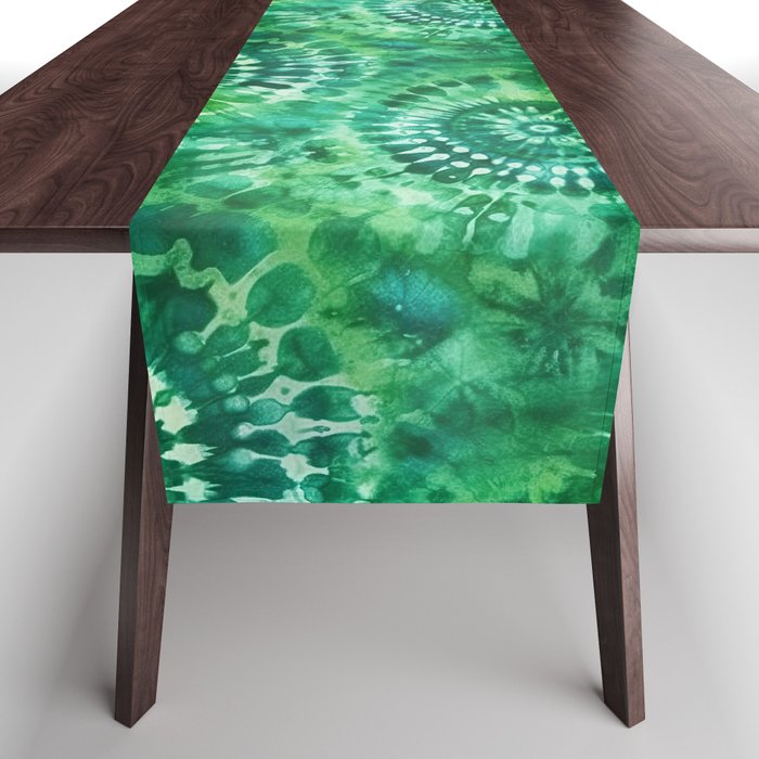Jumbo Tie Dye Batik in Bright Green Circling Swirls on Teal Table Runner Gallery Image 1