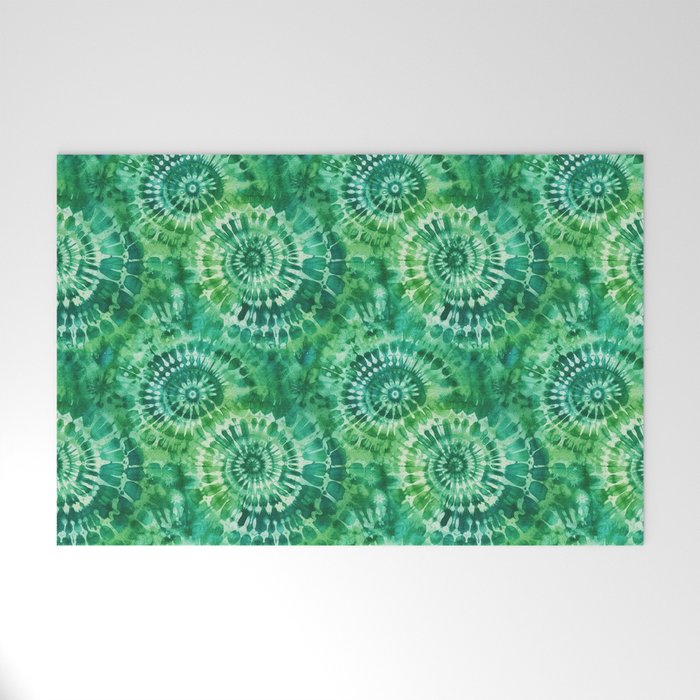 Jumbo Tie Dye Batik in Bright Green Circling Swirls on Teal Welcome Mat Gallery Image 1