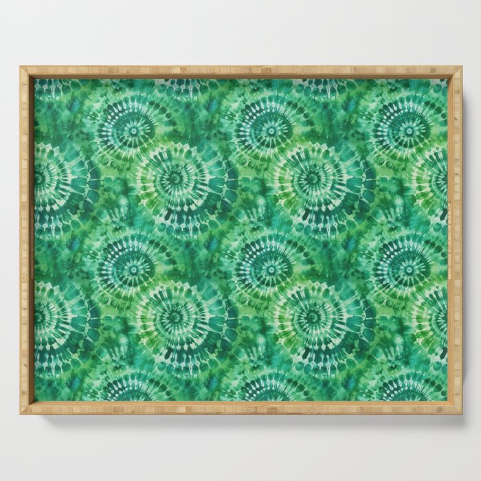 Jumbo Tie Dye Batik in Bright Green Circling Swirls on Teal Serving Tray Gallery Image 1