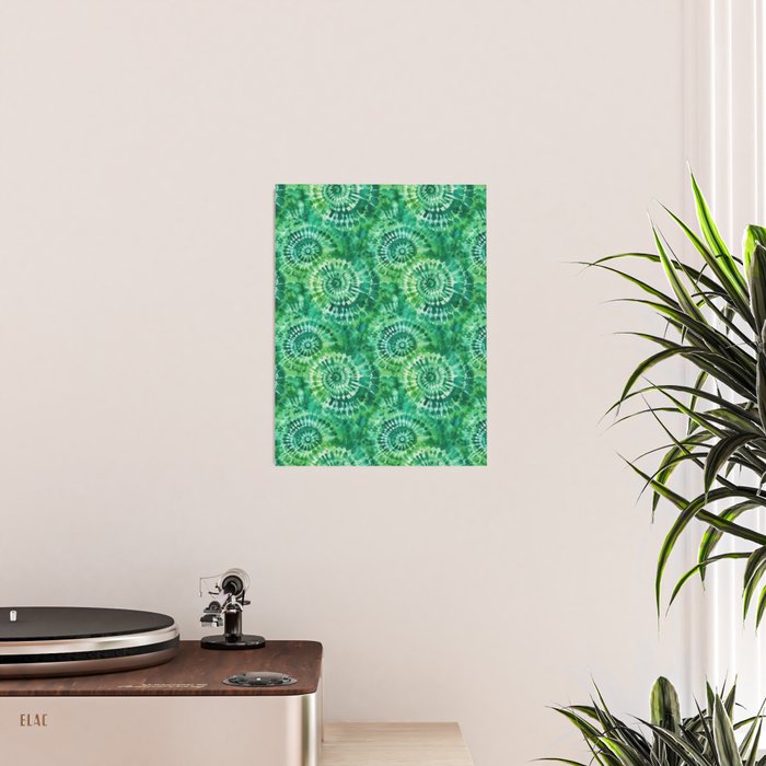 Jumbo Tie Dye Batik in Bright Green Circling Swirls on Teal Poster Gallery Image 2