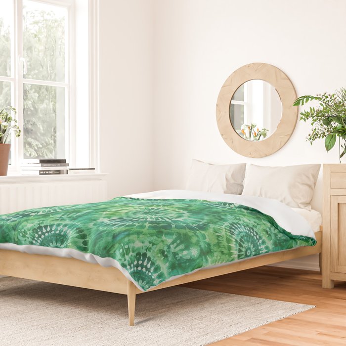Jumbo Tie Dye Batik in Bright Green Circling Swirls on Teal Duvet Cover Gallery Image 2
